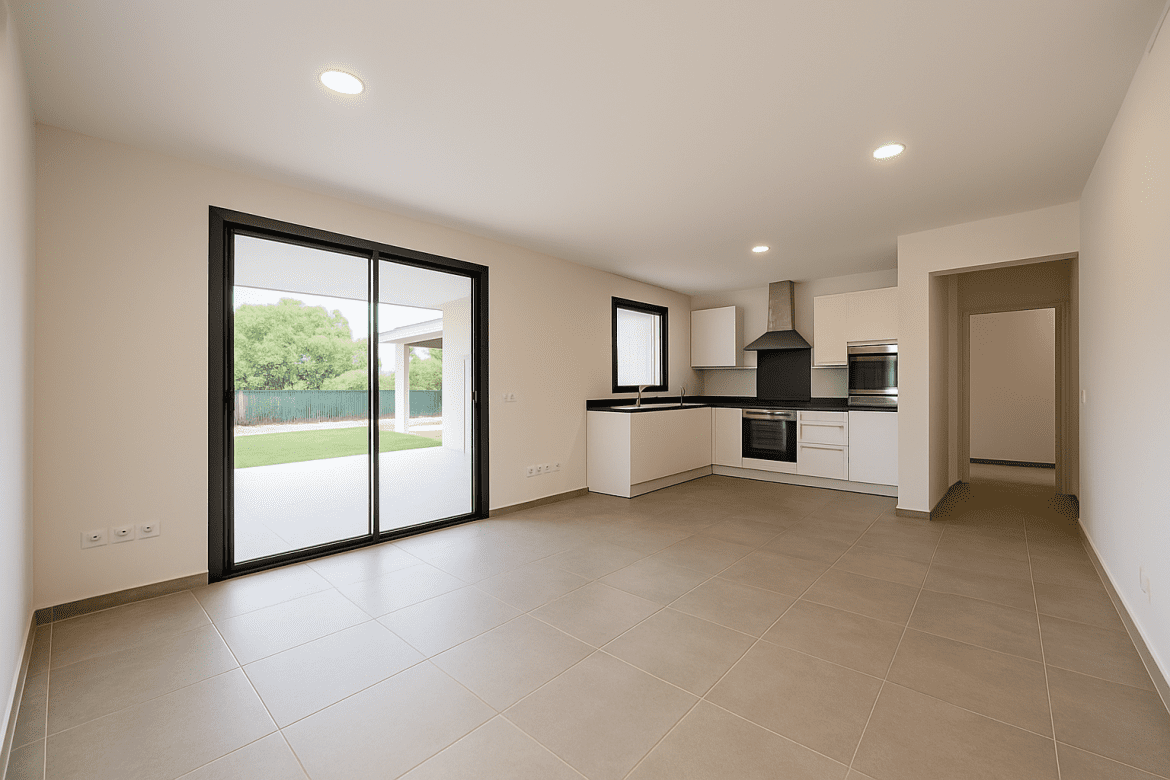 Interior moderno de una vivienda recién construida en Ibiza con cocina integrada, ideal para ilustrar proyectos eléctricos en baja tensión