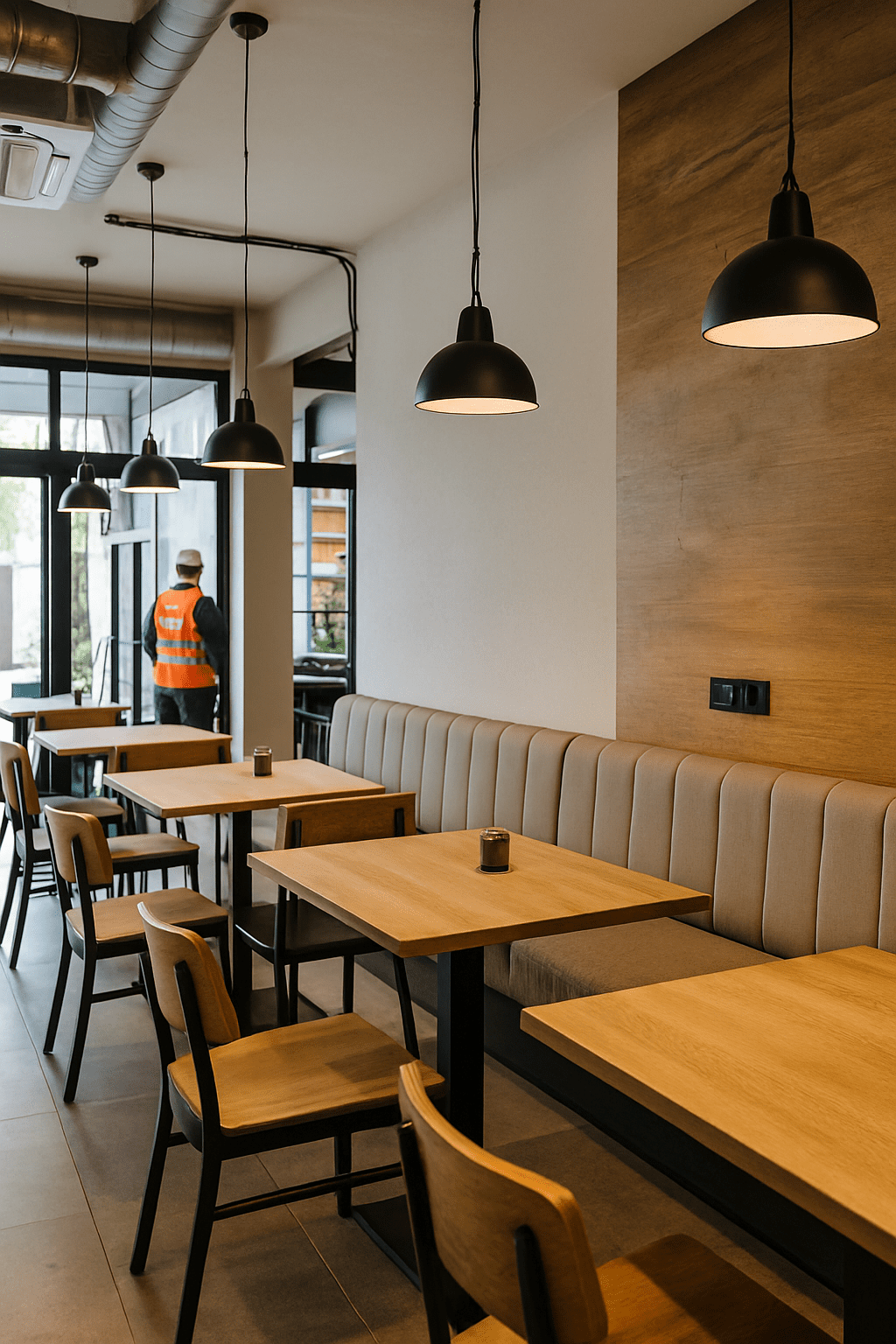 Interior moderno de un local comercial en Ibiza durante una reforma, con iluminación colgante instalada y operario trabajando al fondo