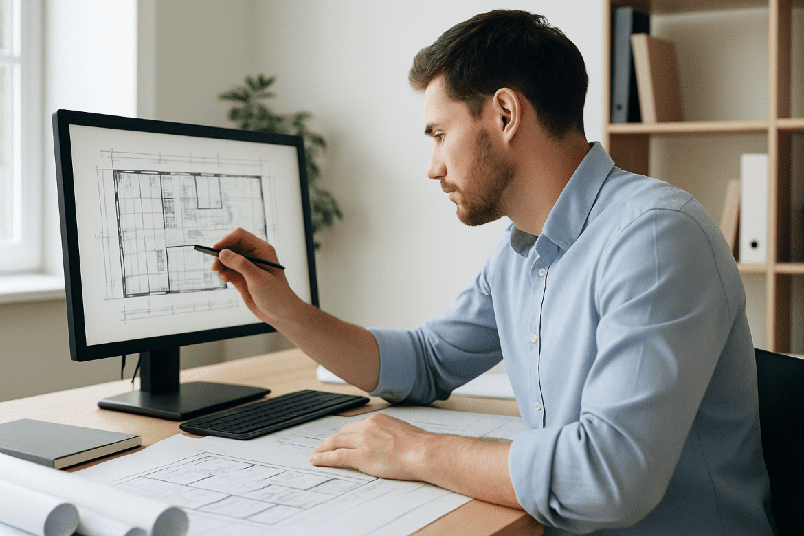 Técnico profesional revisando planos arquitectónicos en un ordenador, con documentos técnicos sobre la mesa en una oficina bien iluminada