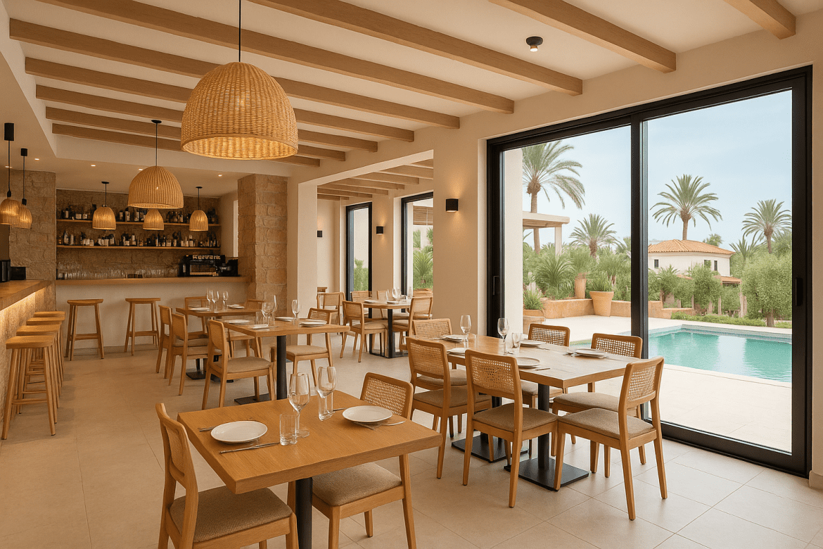 Interior luminoso de un restaurante moderno en Ibiza con diseño mediterráneo, ideal para ilustrar licencias de actividad en hostelería