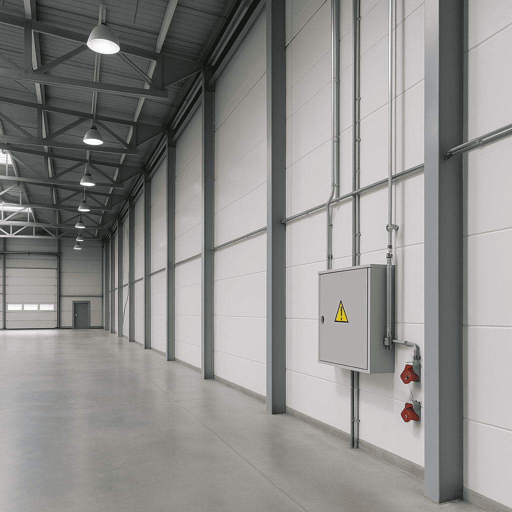 Interior de una nave industrial vacía en Ibiza con instalación eléctrica legalizada y luminarias industriales en el techo