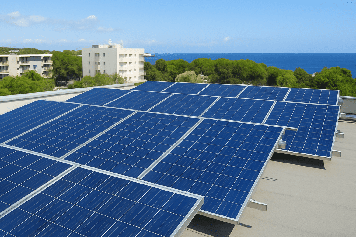 Instalación de paneles solares sobre la azotea de un edificio en Ibiza con vistas al mar, simbolizando energía limpia y legalización profesional